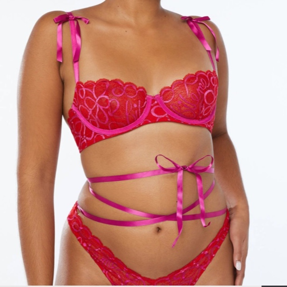 🌹SAVAGE X FENTY GOJI BERRY RED ROSE VIOLET PINK Underwire Bra Ribbon Tie Straps